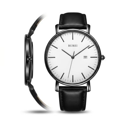 BUREI Made In Leather Popular Commuting Watch Men's Watch, Japan, Quartz, Slim, Strap, Brand, Analog, Simple, Waterproof, Stylish, (Black-White)