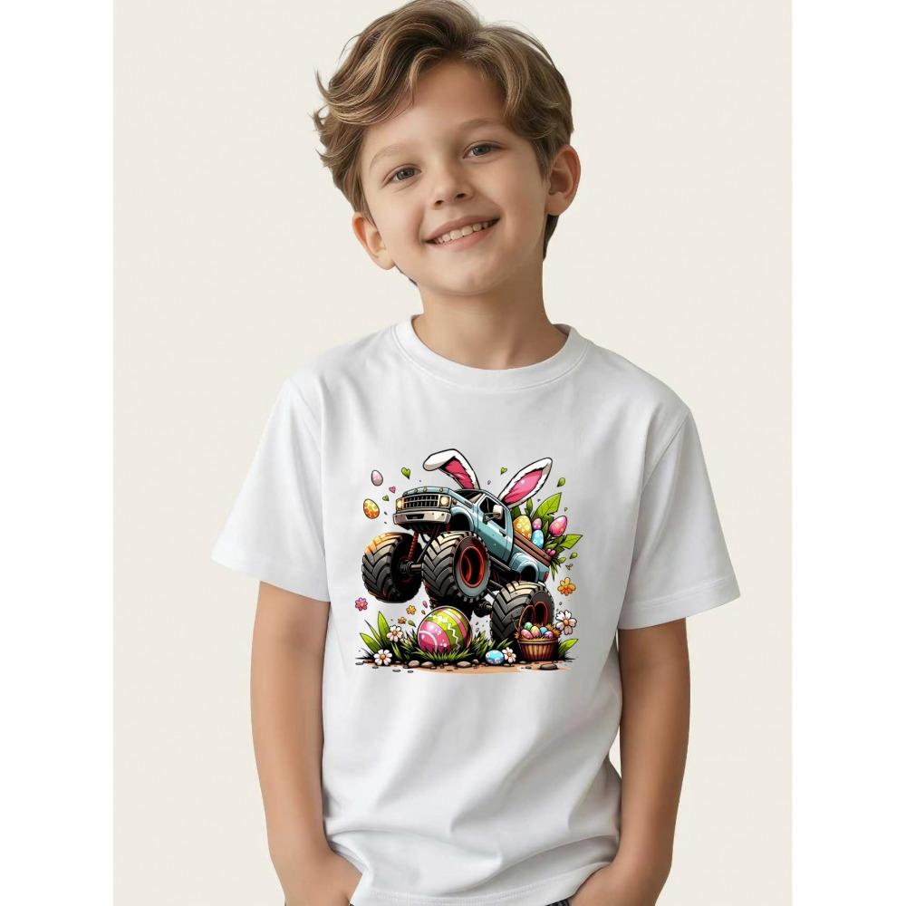 Children's T-shirt Bunny Ears Big Wheel Easter Egg Flower Print Boys Festival Short Sleeve