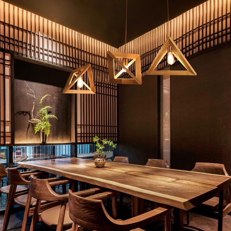 Modern Led Wooden Pendant Light Fixture Japan Simple Style Nordic Triangle 3d Indoor Lamp Home Deco Dining Room Cafe Reception