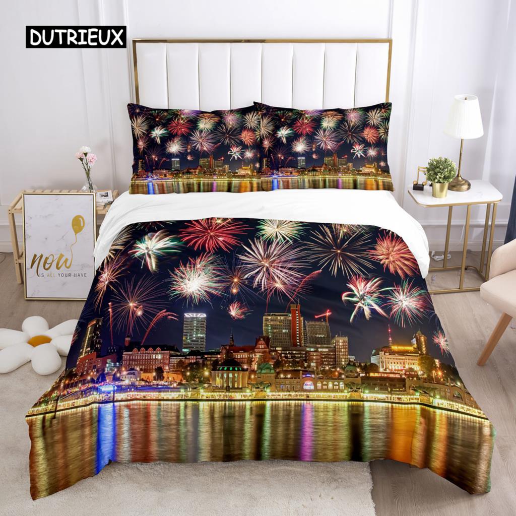 Firework Duvet Cover Set Queen Size Colourful Fires Bedding Set Microfiber Celebrate Merry Christmas Theme Soft Comforter Cover