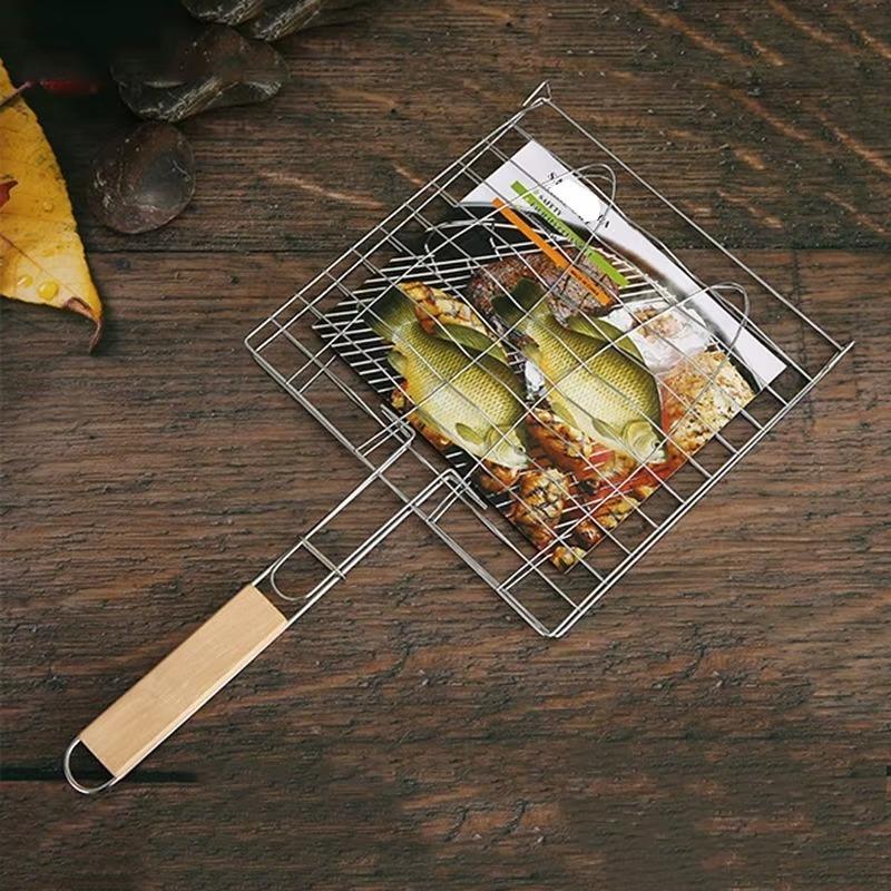 Stainless Steel BBQ Grill Net With Chrome Plated And Hardwood Handle Fish Meat Grill Barbecue Clip Clamp Folder Net BBQ Tools