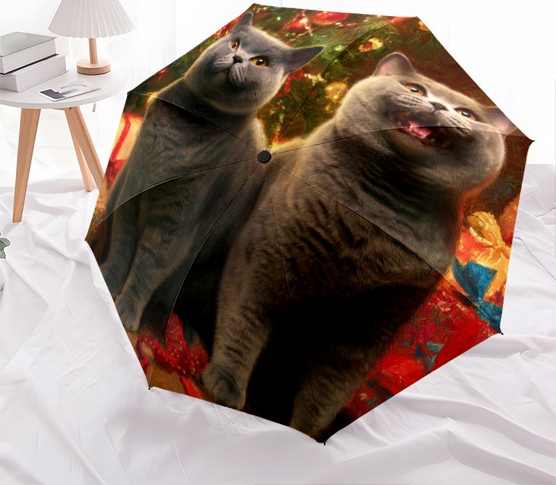 Weihnachtskatze, automatischer Regenschirm, tragbares und faltbares Design, 8 Schirmstäbe, ein Weihnachts- oder Geburtstagsgeschenk.