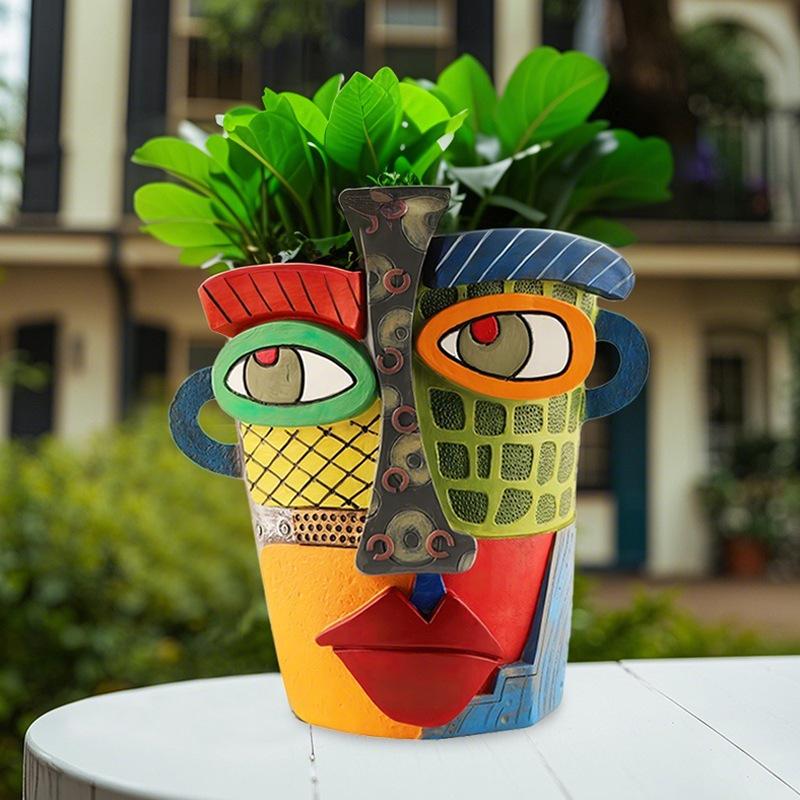 

Brutalist Abstract Beauty Face Flower Pot Acolorful Art Resin Handmade Planters Pots Head for Home Art Decor Balcony Ornaments