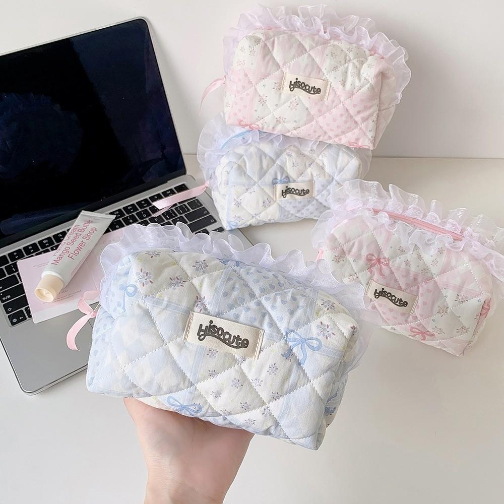 Quilted Makeup Bag Lace Bow Zipper Ruffles Pen Bag Sweet Toiletry Case for Women Girls