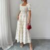 Women’s Square Neck Puff Sleeve Smocked Bodice Tiered Maxi Dress with Floral Print and Ruffle Hem Casual Style