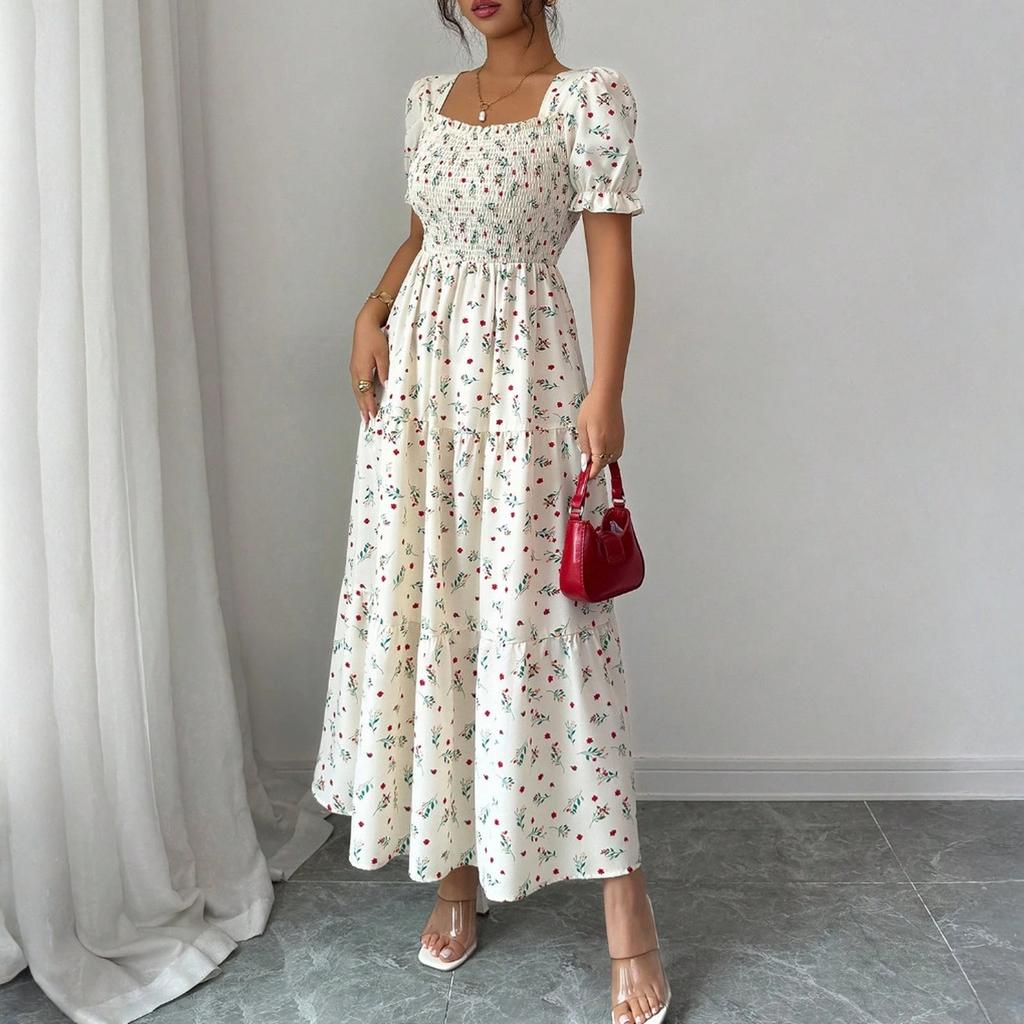 Women’s Square Neck Puff Sleeve Smocked Bodice Tiered Maxi Dress with Floral Print and Ruffle Hem Casual Style
