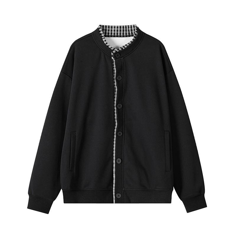 Mens Oversized Plaid Fake Two-Piece Hoodless Cardigan Jacket Fall Casual Outerwear