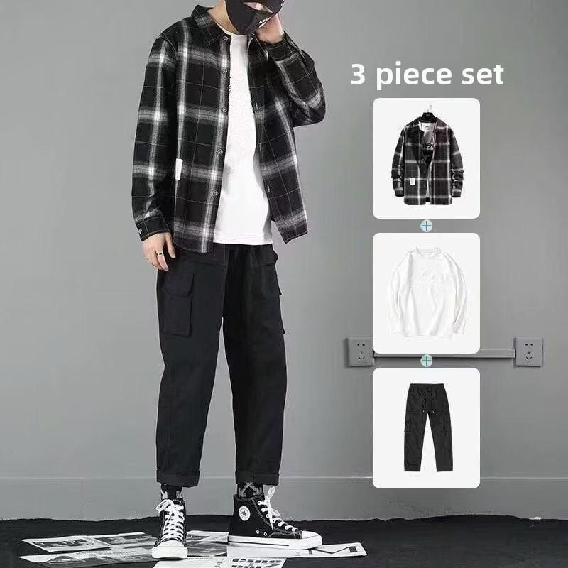 Men's Long Sleeve Korean Plaid Shirt - Hong Kong Style Spring/Autumn Trend