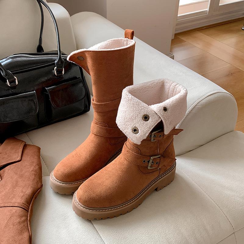 Autumn and winter Maillard retro Martin boots women's fashion versatile thick-soled two wear piled boots medium tube thin boots women