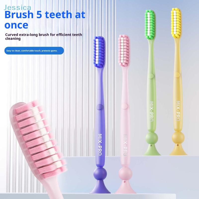 Extra-Long Brush Head Antibacterial Soft Bristle Toothbrush With Non-Slip Handle And Suction Cup Base Upright Design