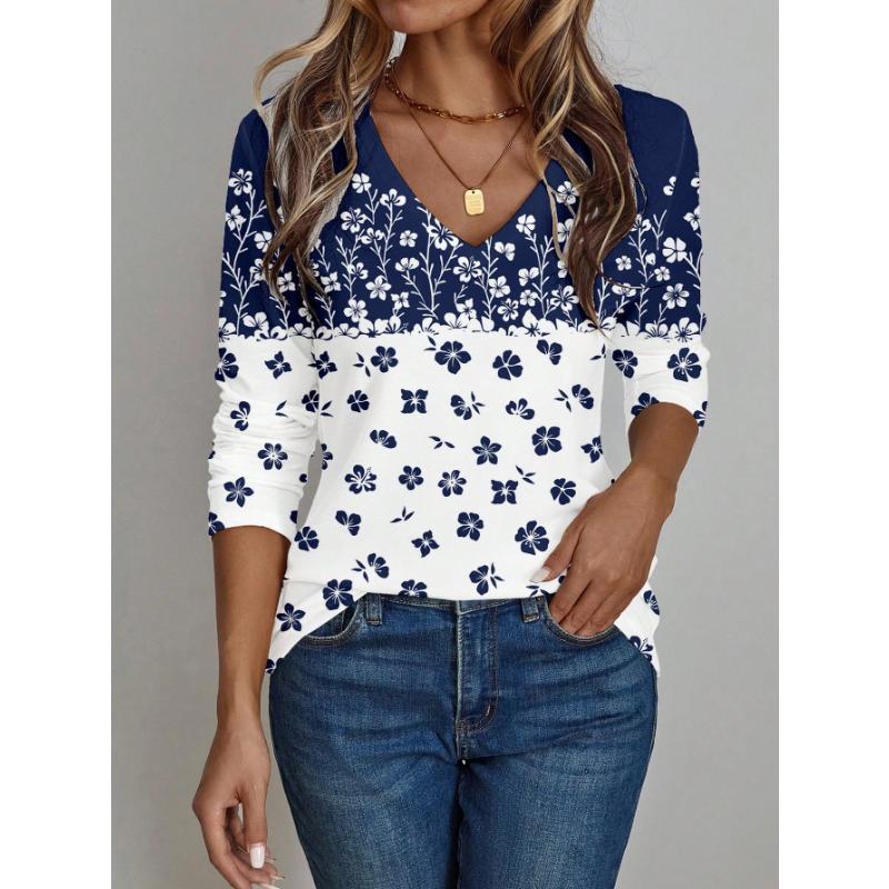 Damen 3D Retro Floral Print V-Ausschnitt Langarmshirt Schlankmachender Polyesterstoff Frühling und Herbst Lässiger Stil Oberteil