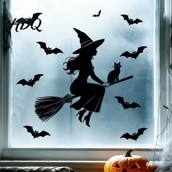 Bat And Witch Wall Clings Halloween Black Cat Static Window Stickers Waterproof PVC Silhouette Decals Outdoor Glass Decorations Removable Art Decor