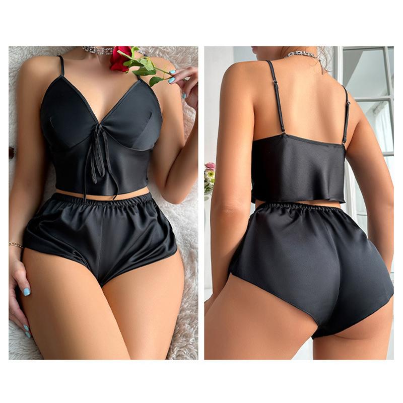 2 PCS Satin Summer V-Neck Women's Split Slings Pants Pajamas Set