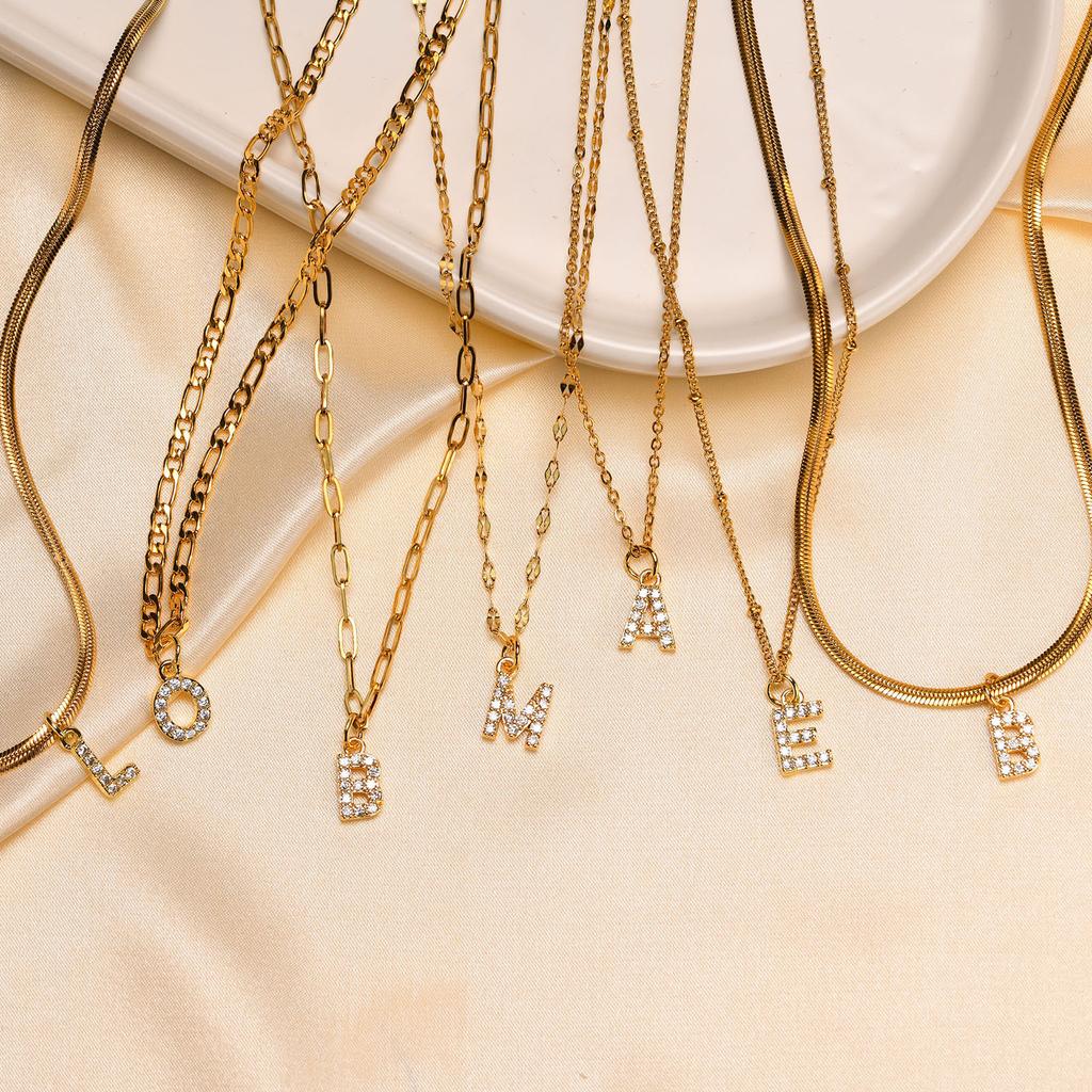 Stainless Steel Zirconia Initial Letter Necklace for Women, A -Z Alphabet Pendant Snake Chain Collar Layered Jewelry