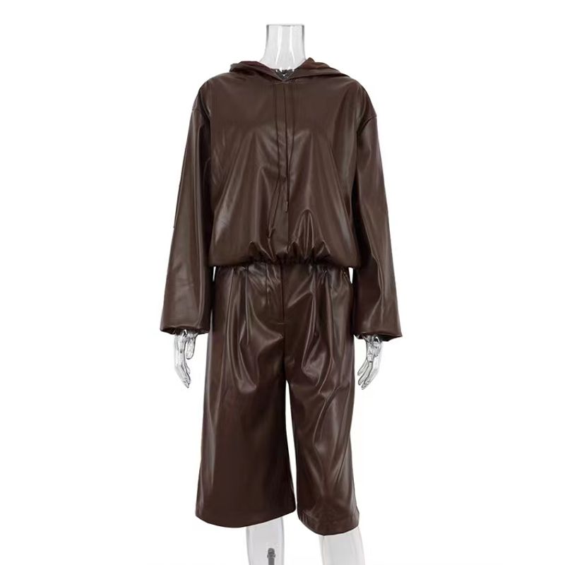 

Мода Мода Искусственная Кожа Длинные Рукава Худи Топы Шорты Костюм Искусственная Кожа Худи и Шорты Комплект Brown L