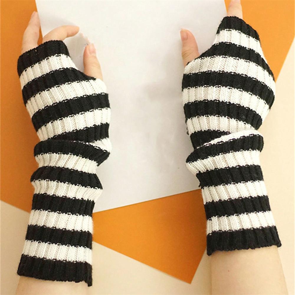 A Pair Women's Fashionable Striped Fingerless Mittens Girls Long Knit Gloves for Warmth Winter Glove