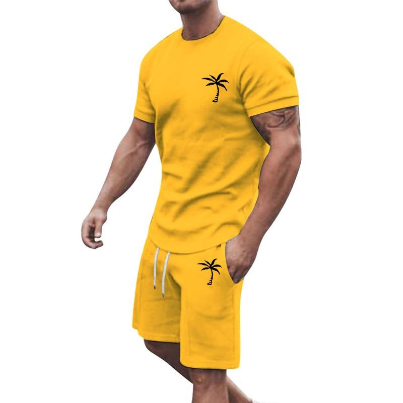 Mens Casual Palm Tree Print Short Sleeve T Shirt And Drawstring Shorts 2 Piece Set