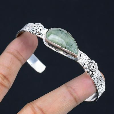 Natural Moss Prehnite Gemstone Bangle Green Adjustable 925 Sterling Silver