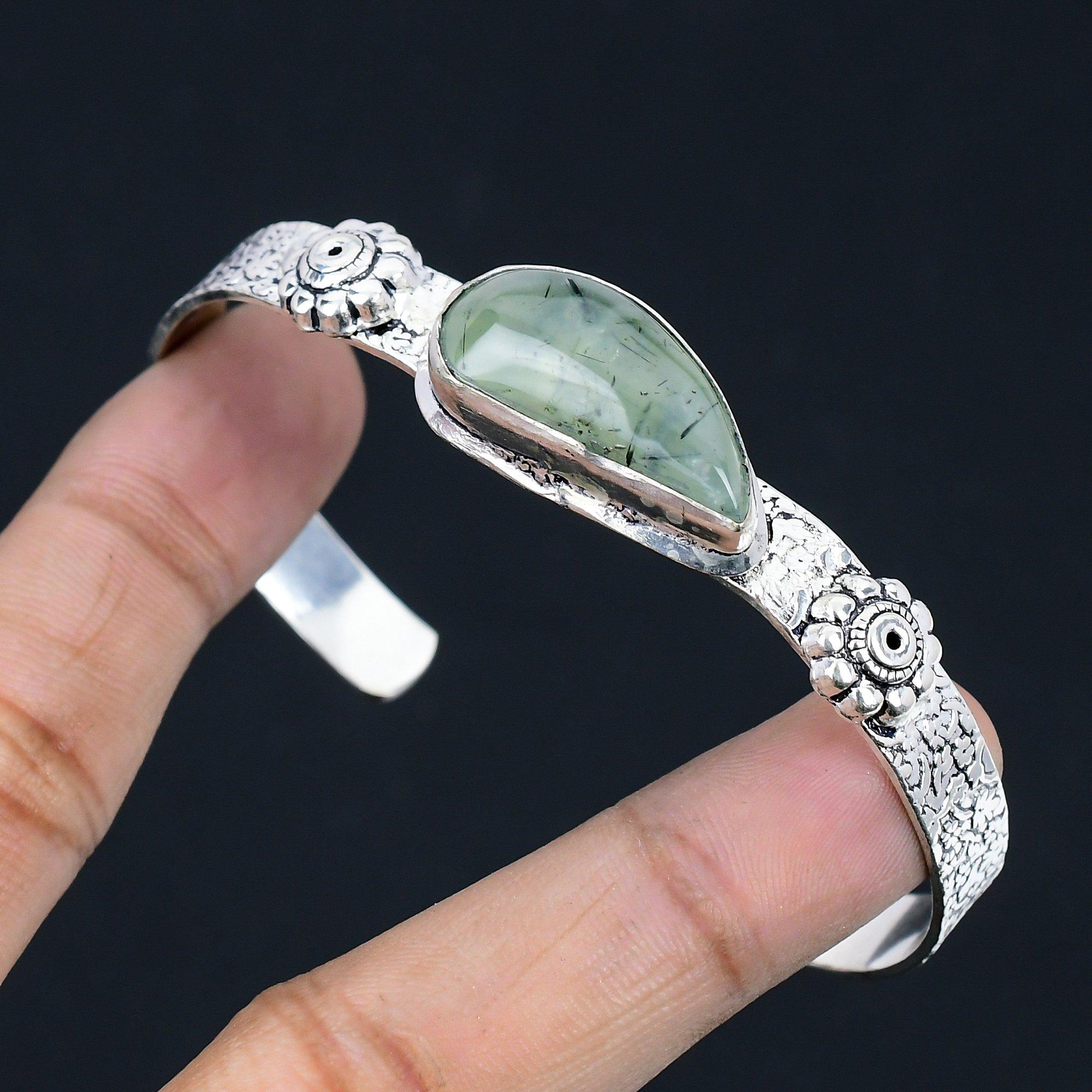 

Natural Moss Prehnite Gemstone Bangle Green Adjustable 925 Sterling Silver Adjustable