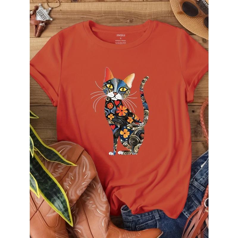 

Large loose T-shirt cat print short sleeved women s versatile and stylish anti-aging top for women XL