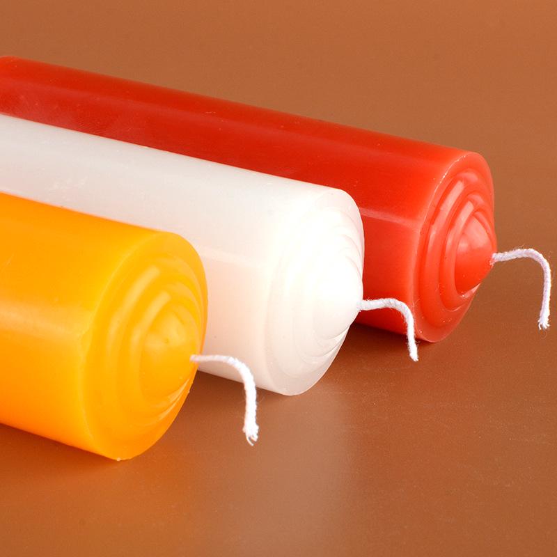Long-Lasting, Smokeless, Odorless Cylindrical Candles for Power Outages and Festivals in Red, White, Yellow.