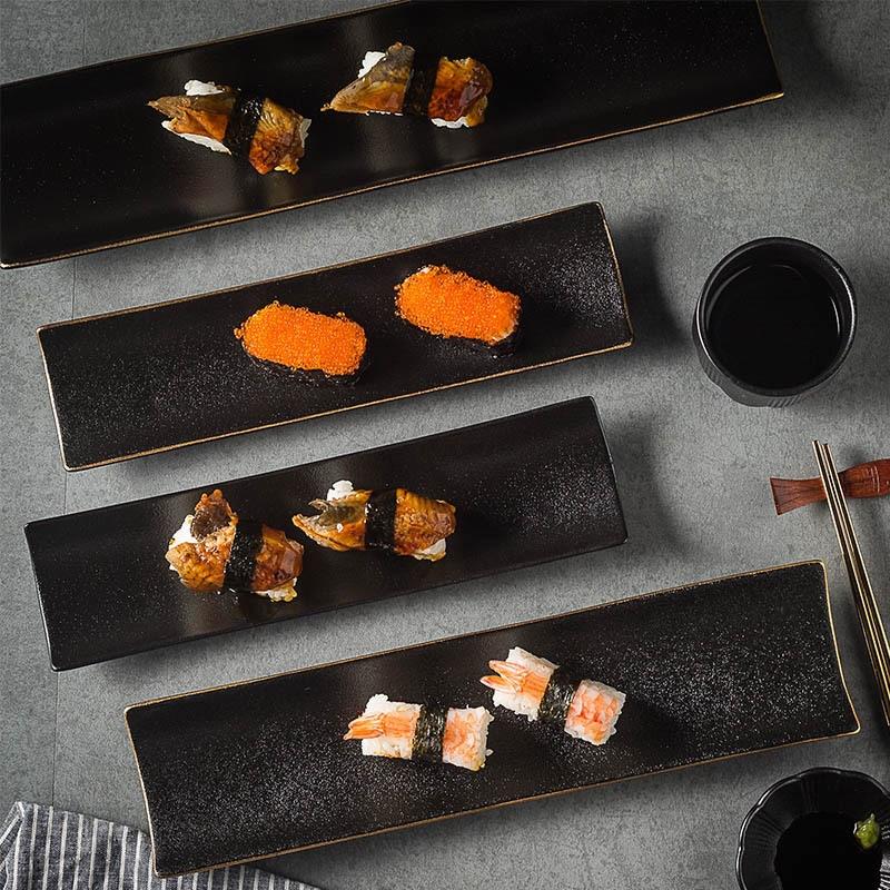 Japanese-Style Frosted Sushi Plate, Rectangular Black Phnom Penh Saury, Long Plate, Raw Fish Platter, Barbecue Plate, Dim Sum Plate