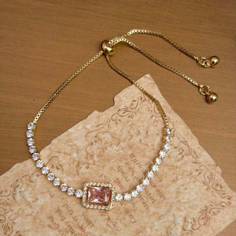 Exquisite Square Pink Zircon Bracelet for Women Fashion Gold Color Chain Adjustable Pull Bracelet Wedding Jewelry Wholesale