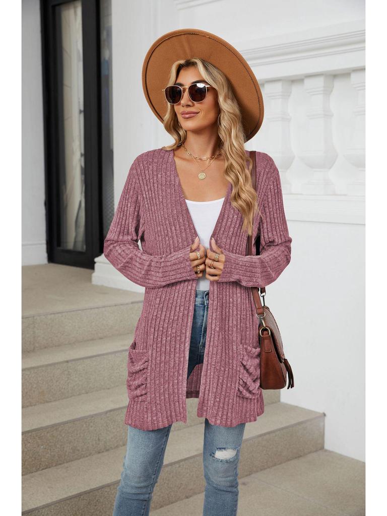 2024 Autumn/Winter Solid Color Long-Sleeve Pocket Cardigan Knitwear