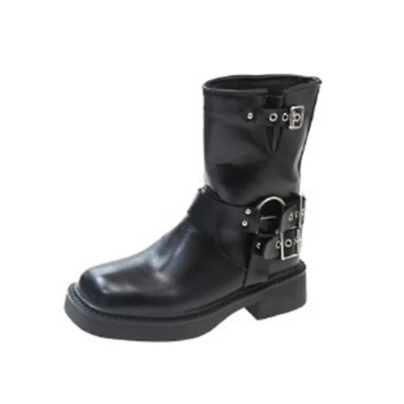 Women's Ankle Boots Autumn Work Fashion Elegant Punk New in Black Luxury Low Heel Round Toe Leather Dropshipping Center Footwear