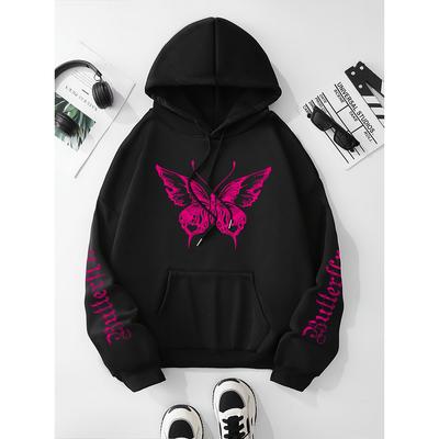 Butterfly & Letter Print Drawstring Hoodie, Casual Long Sleeve Kangaroo Pocket Hoodie Sweatshirt, Women's Clothing
