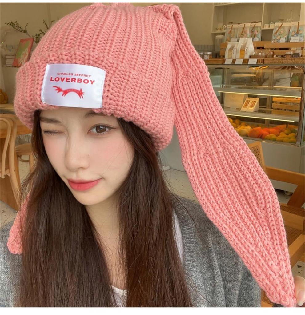 ZHONGJUE Pletená Hrubá Pletená Čepice s Králíčkem Roztomilá Pletená Populární Dárek pro Ženy Dámská Čepice, Podzim/Zima, Uši, Čepice, (Růžový)