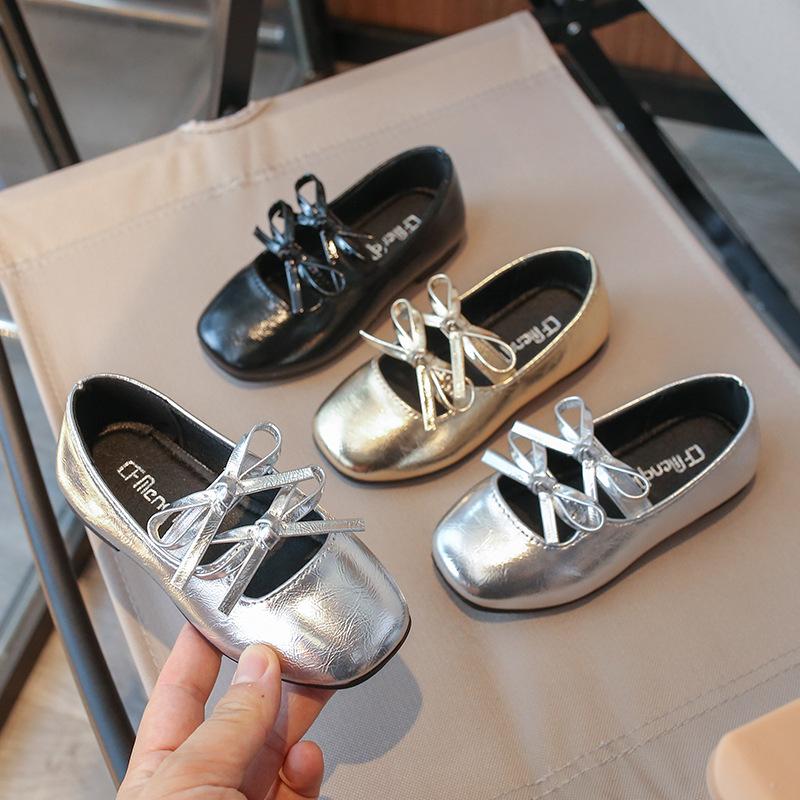 New Kids Baby Girl Children Black Gold Silver Wedding Party Princess Leather Soft Bottom Shoes Girls Bow-tie Single Shoes H08093