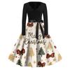 Women's Casual Christmas Print V-Neck Vintage Dress for Holiday Parties and Everyday Wear