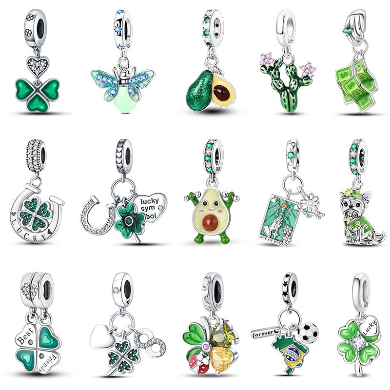 925 Silberfarbe Vierblättriges Kleeblatt Avocado Kaktus Grüne Serie Anhänger Perlen Passend für 3mm 925 Original Armband Feiner DIY Schmuck