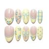 24PCS Vintage Green Plaid Almond Press On Nails Cute Fruit Bow Sweet Strawberry French Fake Nails for Women Girls Ins Nails Tips