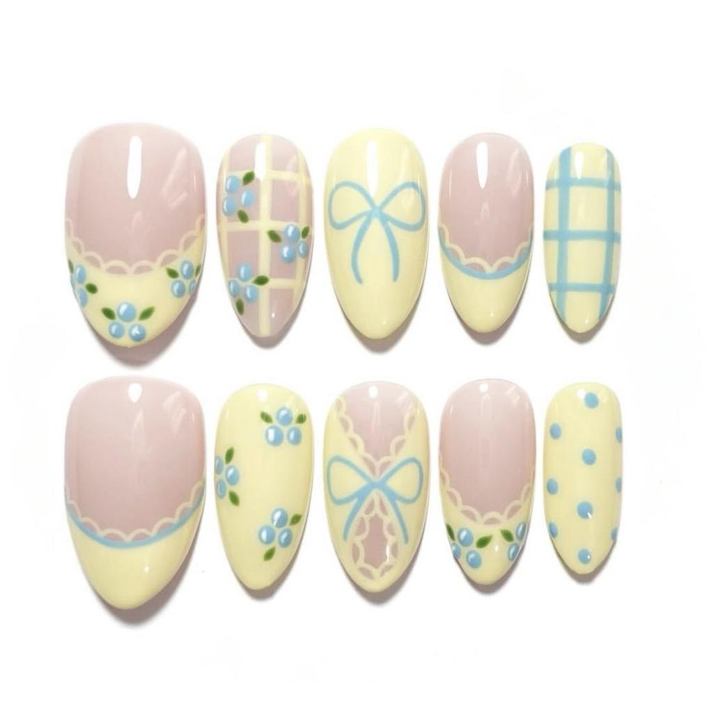 24PCS Vintage Green Plaid Almond Press On Nails Cute Fruit Bow Sweet Strawberry French Fake Nails for Women Girls Ins Nails Tips