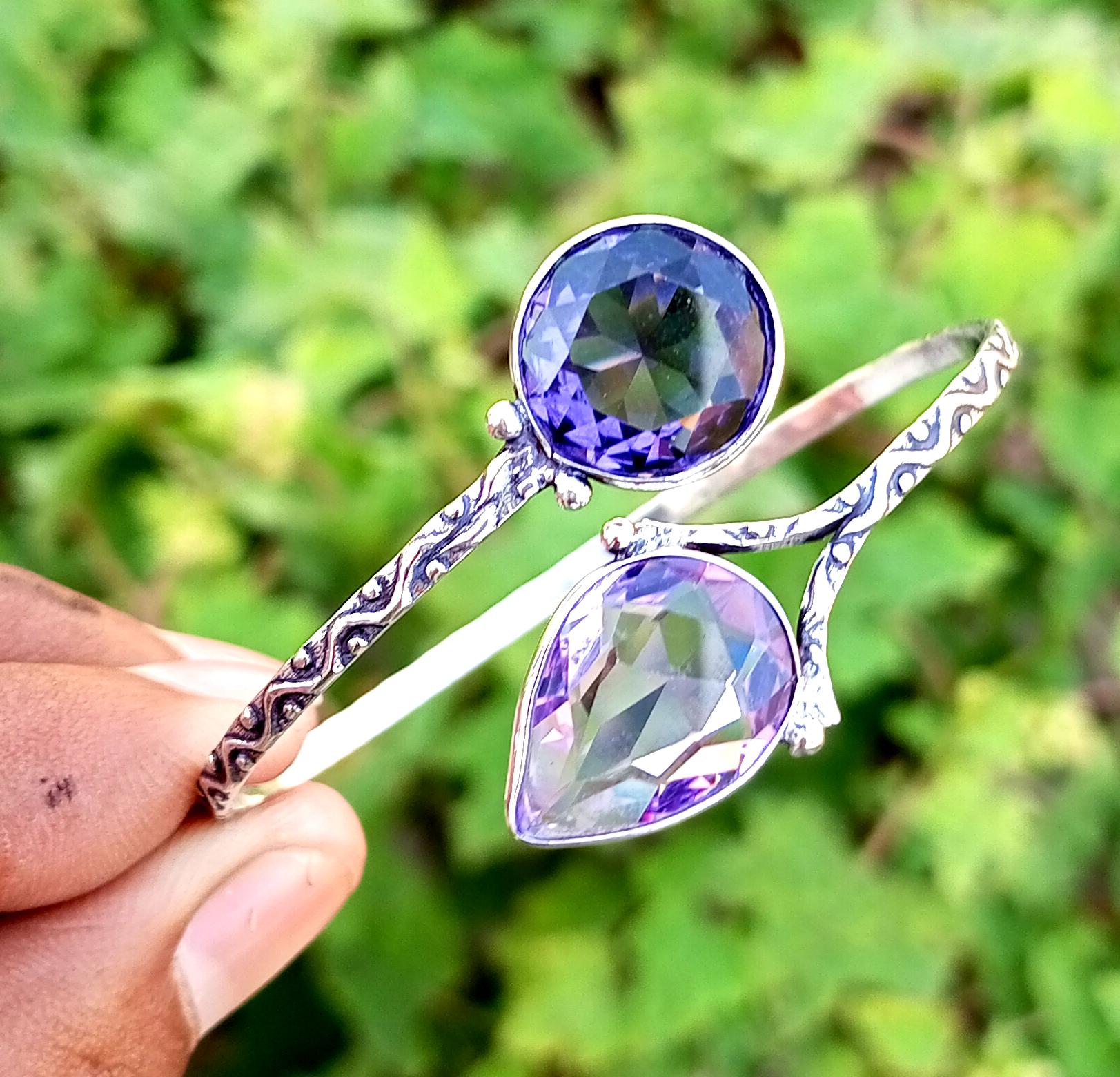 

Граненый стеклянный драгоценный камень Стерлингового серебра 925 пробы с покрытием Регулируемый браслет-манжета унисекс/ювелирные изделия-браслет