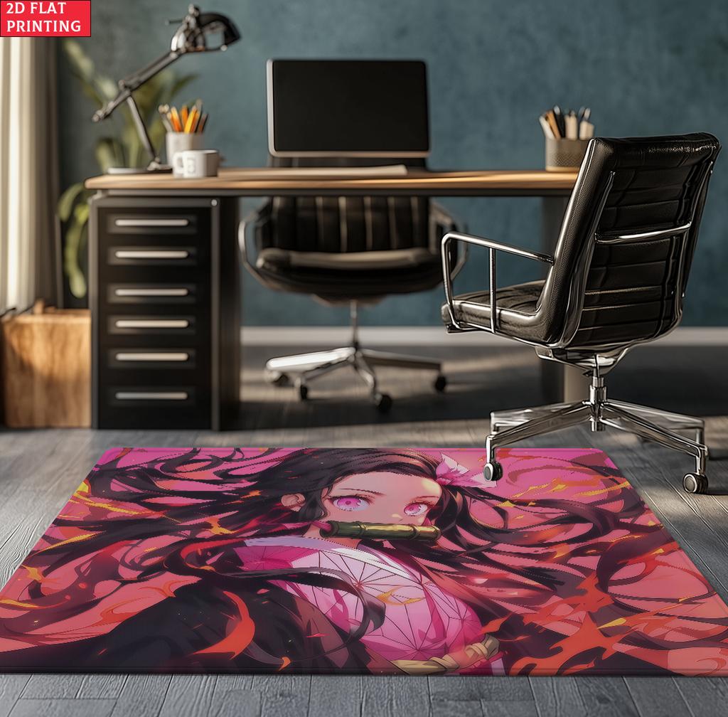 Anime Swordsman Area Rug, Blue Water Wave Theme  Floor Mat, Decorative Carpet for Gaming Room Bedroom, Washable Home Decor Gift