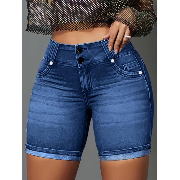 Pantaloncini Casual Doppi Bottoni Elasticizzati in Denim da Donna Europei e Americani