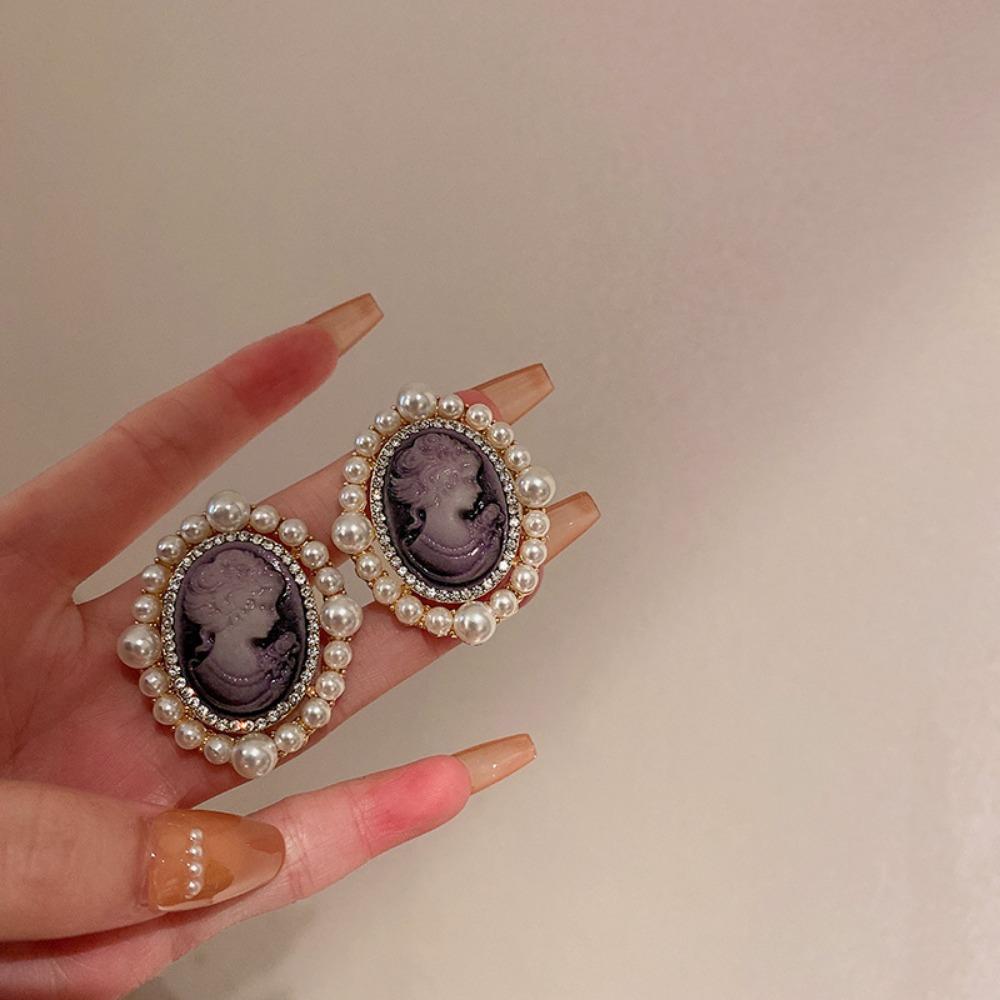 Silver Needle Diamond Pearl Purple Earrings French Retro Niche Design Earrings Light Luxury Premium Earrings