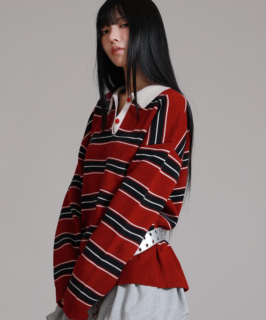 LIKE THE MOST Oversized Multi-Stripe Rugby Collar Knit_Wine