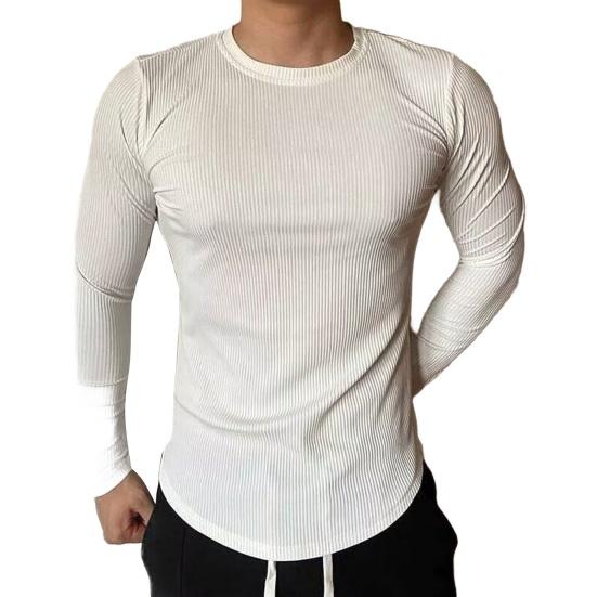 Men Sport Top Slim Fit High Elasticity Striped Texture Round Neck Quick-drying Long Sleeves
