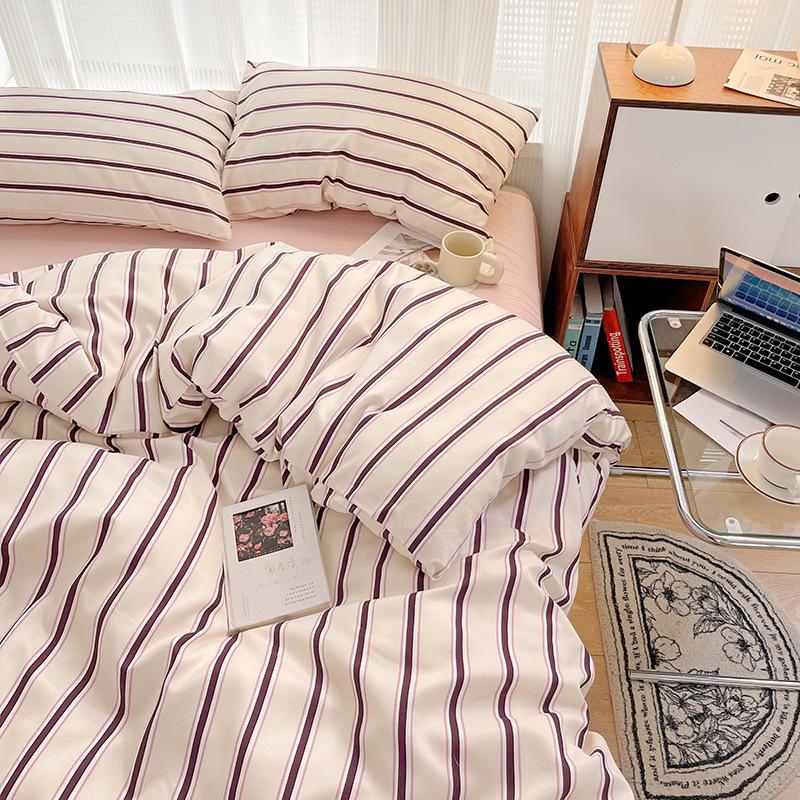 

G5Z Japanese-Style Washed Cotton Bedding Set - Simple Stripe, Skin-Friendly, 4-Piece Korean Design 3-piece set for 1.2m bed [150*200cm duvet cover]