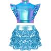 Girls Jazz Dance Outfit Mock Neck Rhinestone Adorned Mesh Patchwork Sleeveless Metallic Ruffle Crop Top