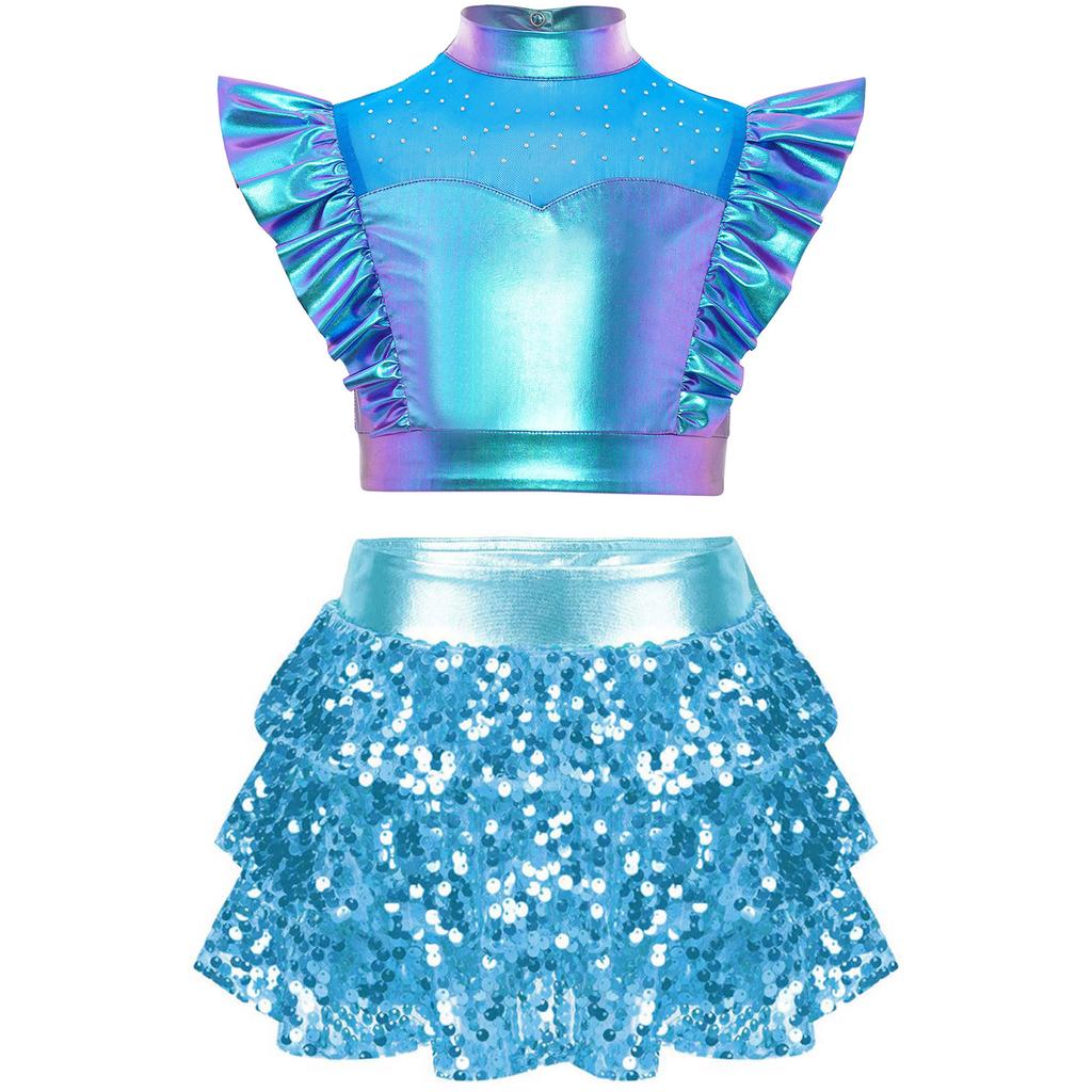 Girls Jazz Dance Outfit Mock Neck Rhinestone Adorned Mesh Patchwork Sleeveless Metallic Ruffle Crop Top