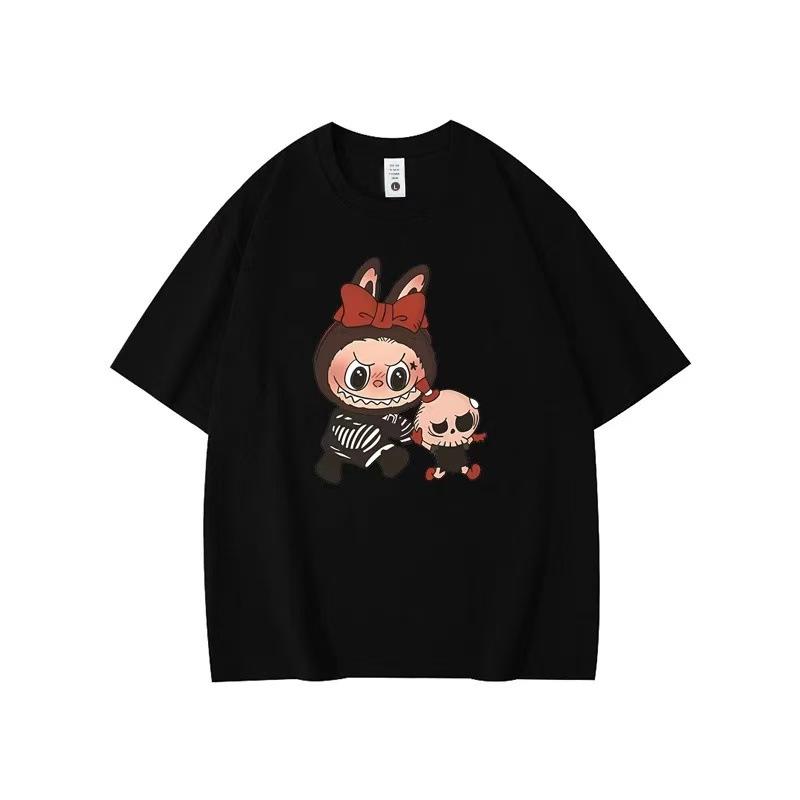 Summer Round Neck Labubu Pattern Printed Top Fashionable Casual Pure Cotton Short Sleeved Women's T-shirts