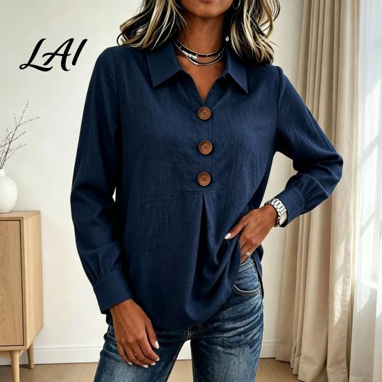 Comfortable Spring Autumn Blouses Women Button Down Shirt Blouse Long Sleeve V Neck Loose Flowy Wrinkle Resistant Moisture Wicking Shirts Breathable