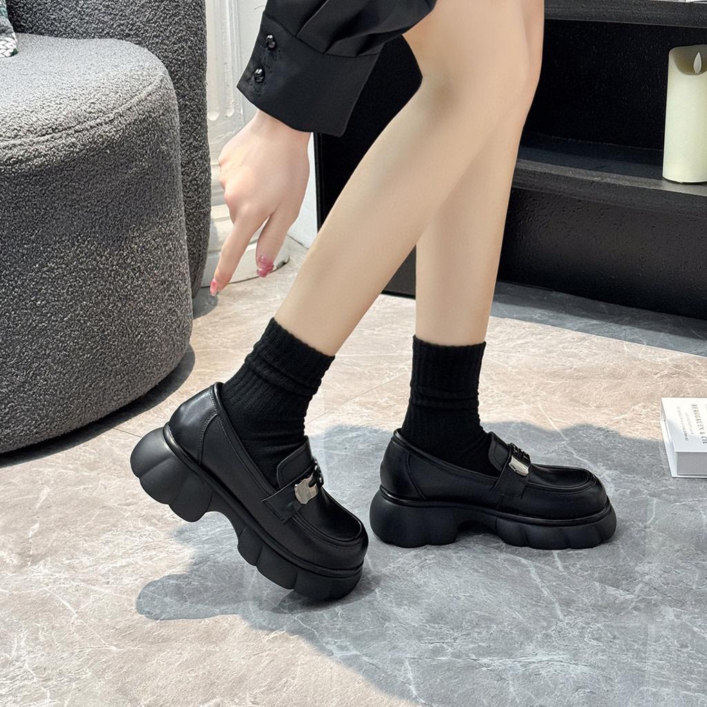 Platform Shoes Women's Spring New Round Head Metal Buckle Waterproof Table Thick Heel Single Shoes College Style Small Leather Shoes Women's Shoes