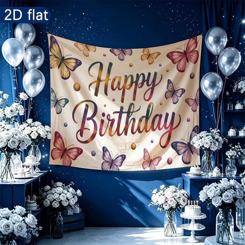 Colorful Butterflies Gifts Birthday Banner, Colorful Polyester Backdrop for Party Decorations