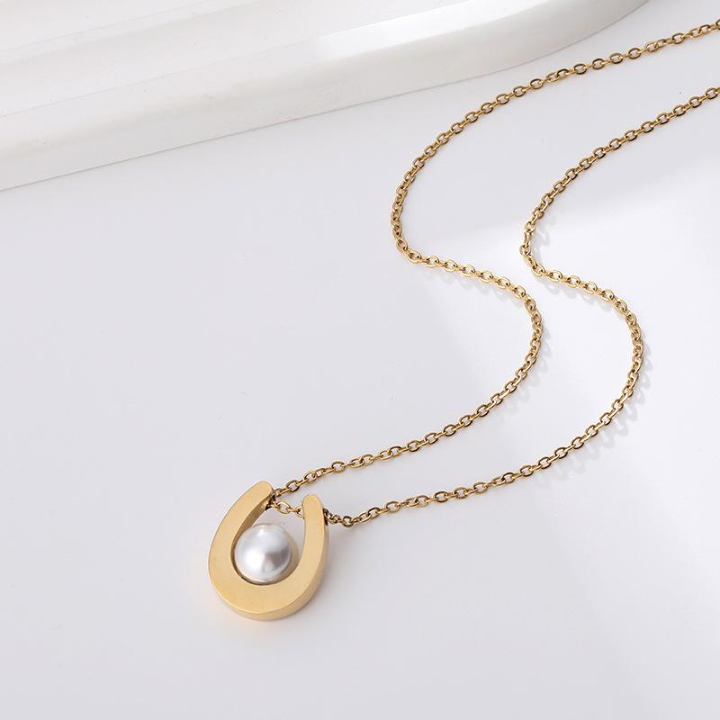 Hanmei Collarbone Chain U-Shaped Pearl Necklace Popular Personality Temperament Light Luxury Fashion Elegance Stainless Steel Plating 18K Versatile